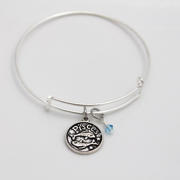 March Pisces Adjustable Charm Bangle - Handmade Zodiac Bracelet - Picture 7 of 11